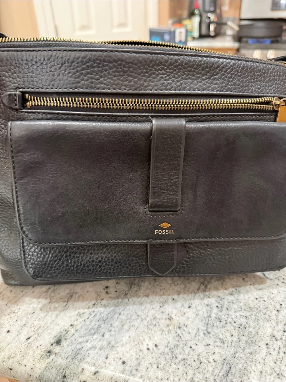 Vintage Fossil Black Leather Messenger Bag with Gold Hardware